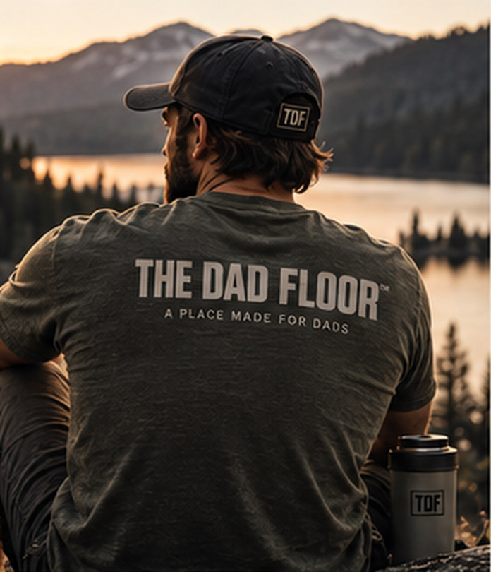THE DAD FLOOR lifestyle identity concept showing a dad outdoors with a dog